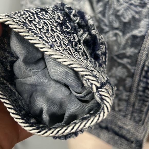 Coldwater Creek Blue Shiny Embroidered Jacquard Open Front Jacket Blazer small - Picture 13 of 13